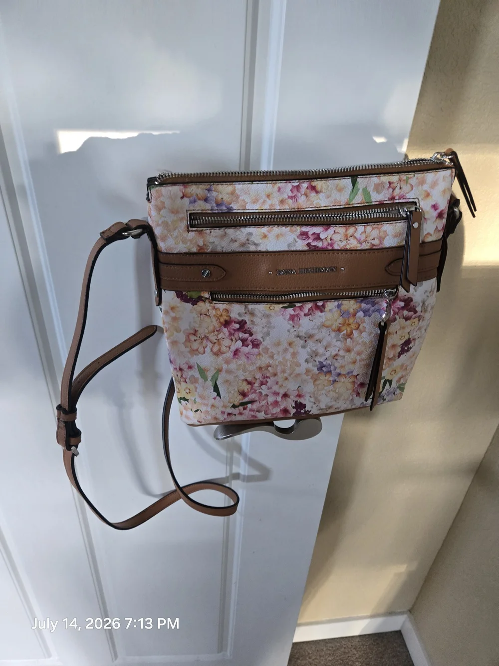 Dana Buchman Floral Crossbody in Pink, Cream and Tan Trim